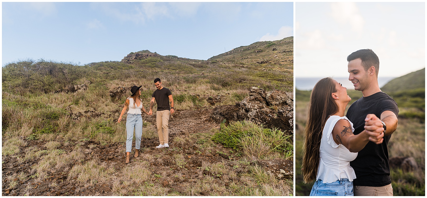 couple taking anniversary photos at Makapuu Lookout