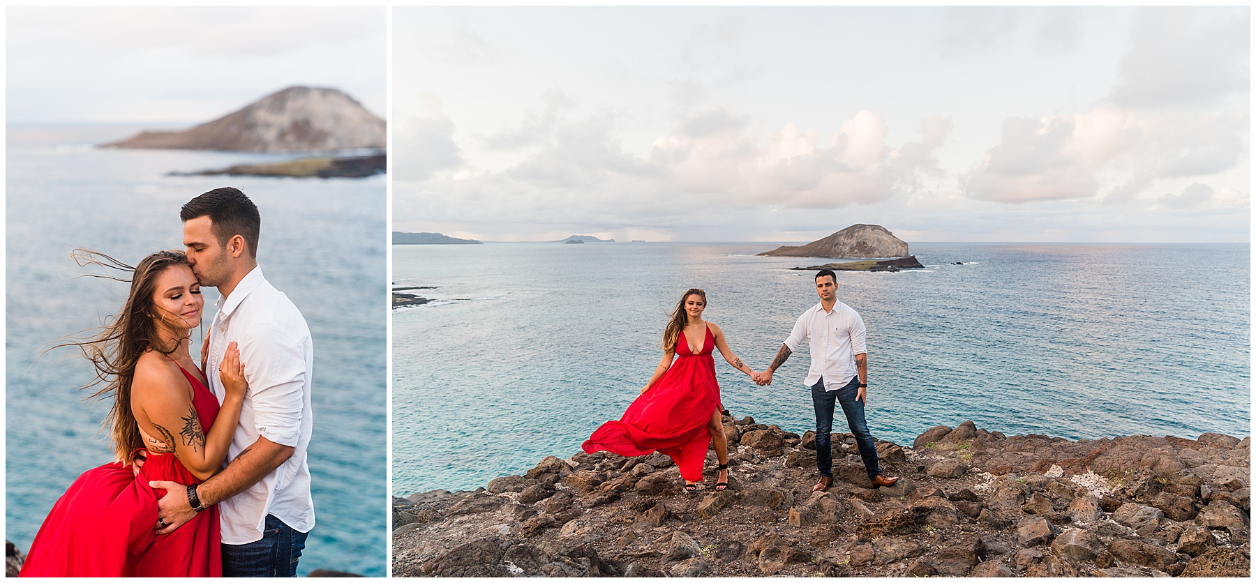Couple taking photos by the ocean in Hawaii