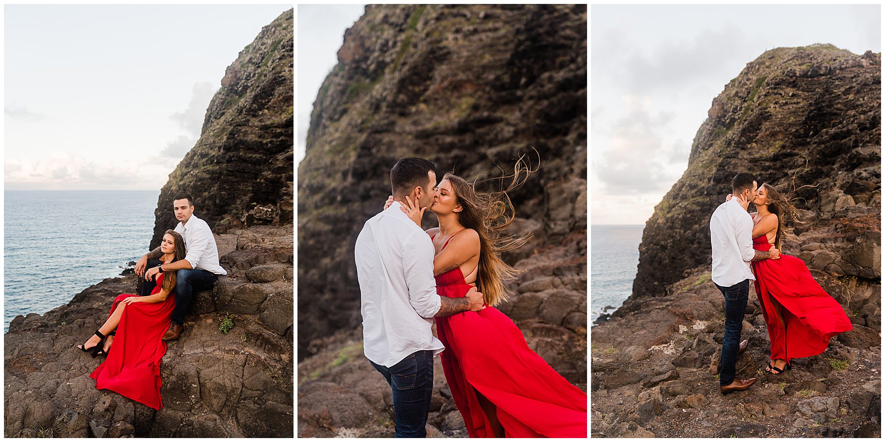 Couple kissing at Makapuu Lookout in Hawaii