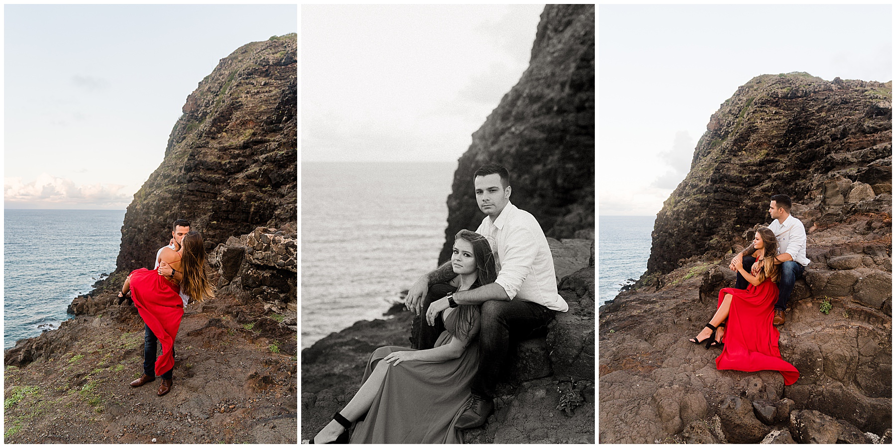 Couple taking anniversary photos at Makapuu lookout on Oahu