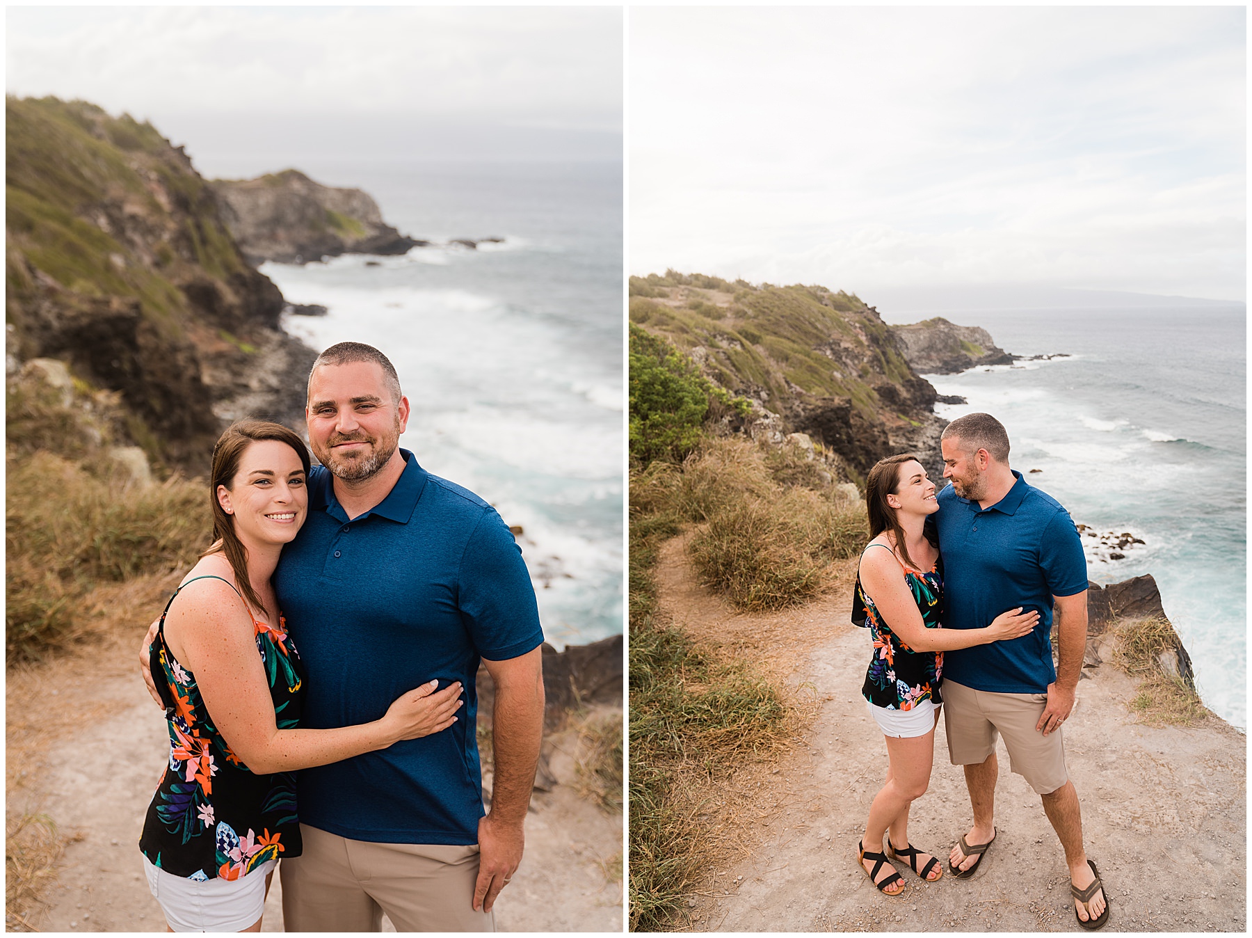 couple taking photos at maui cliffside