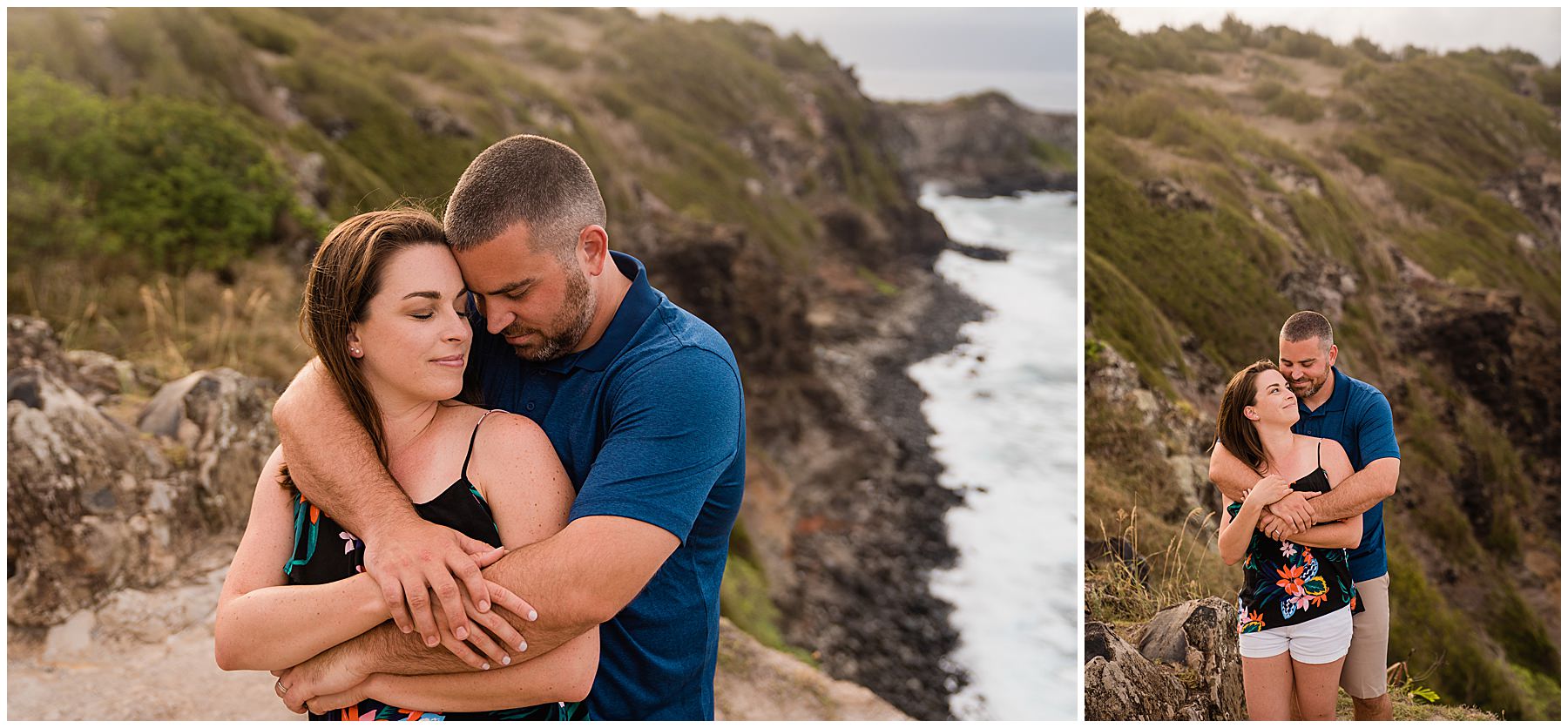 couple taking photos at lookout in maui