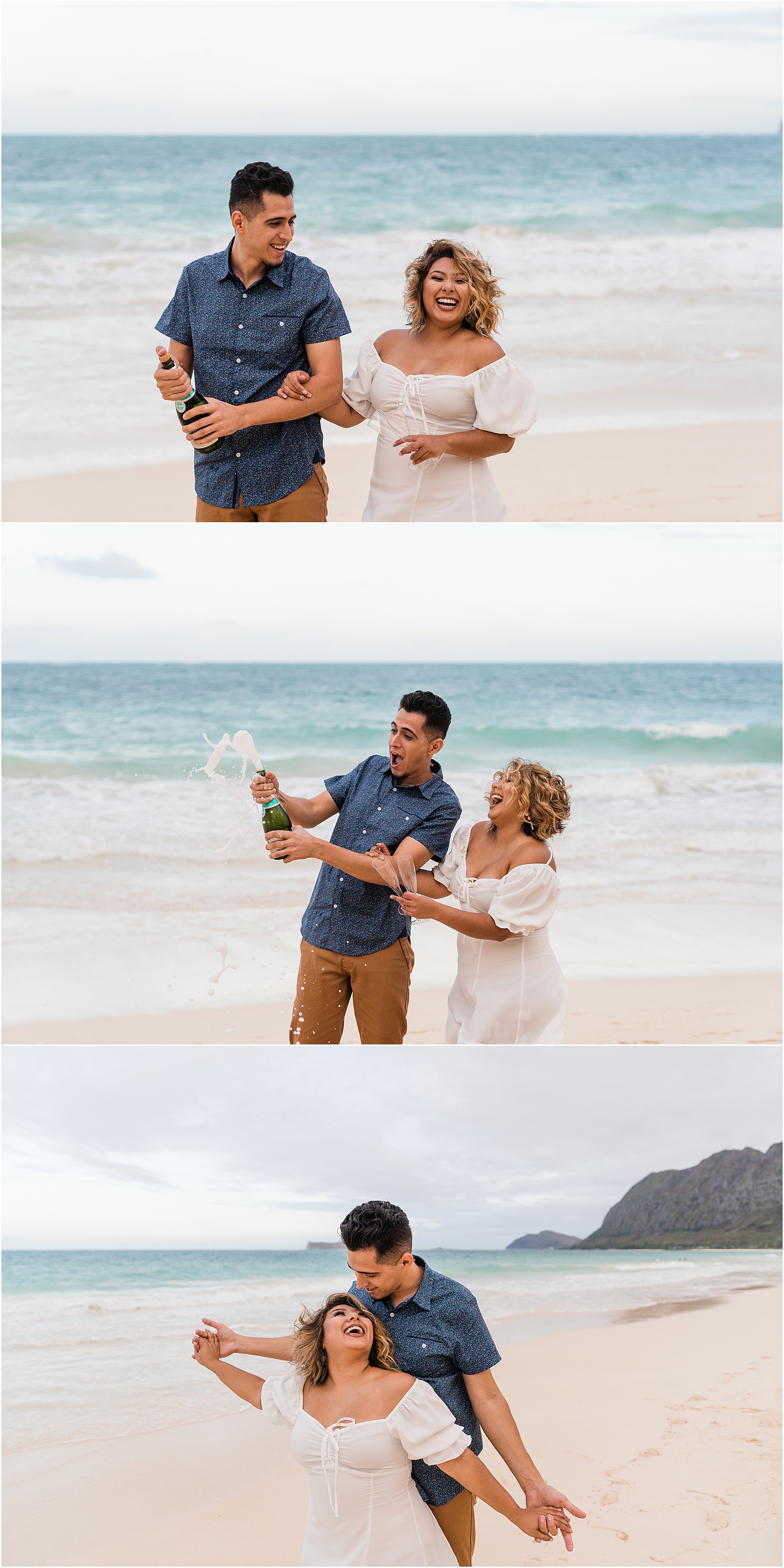 Couple popping champagne celebrating anniversary in Hawaii