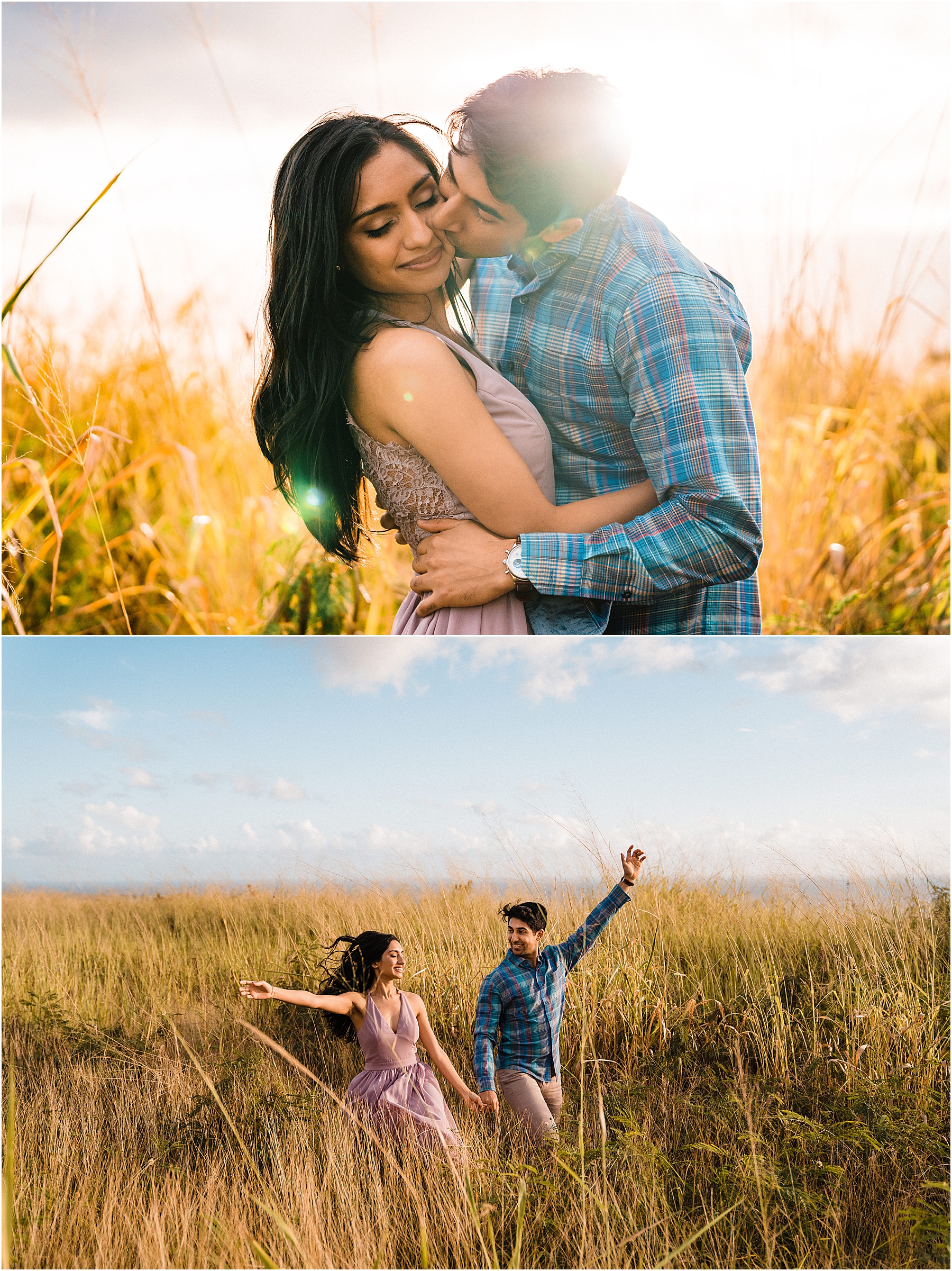 couple frolicking in a meadow in Hawaii