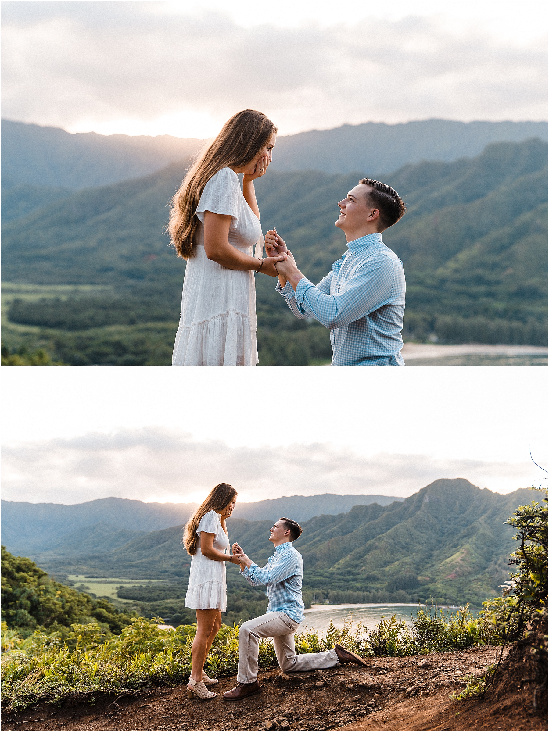 man proposing on a hike in hawaii