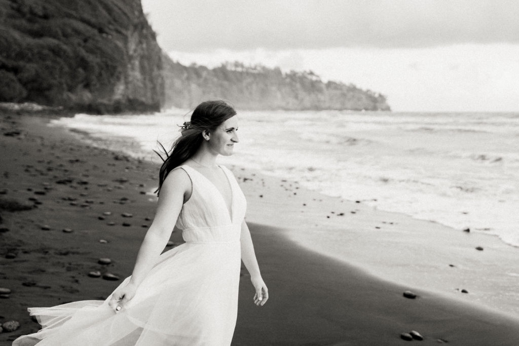 bride on black sand beach