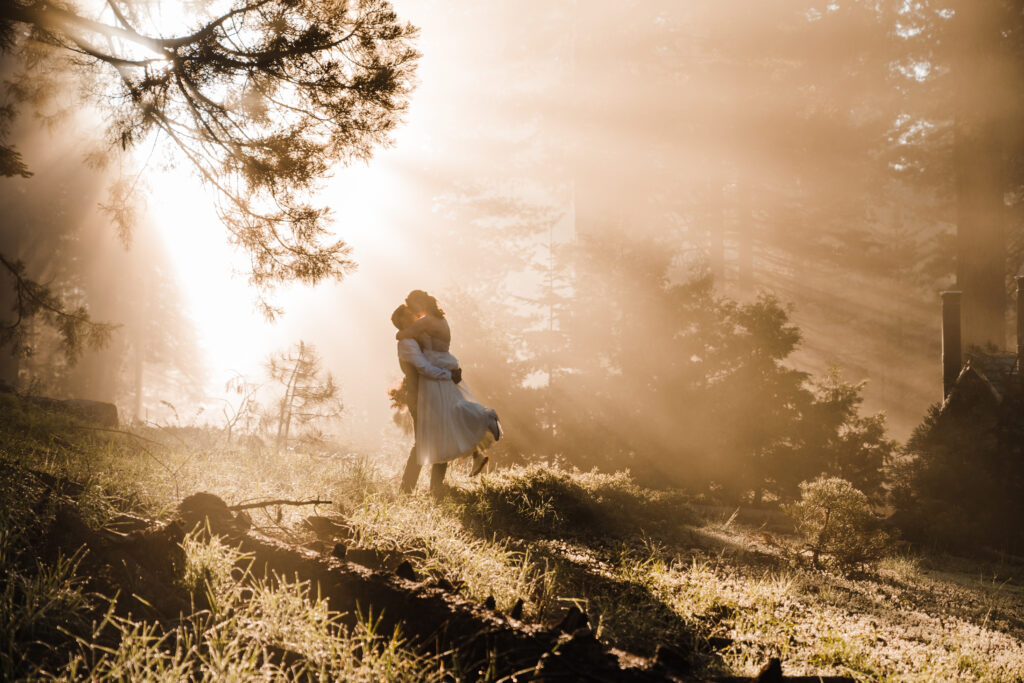 bride and groom kissing at sunrise during their kings canyon and sequoia national park elopement