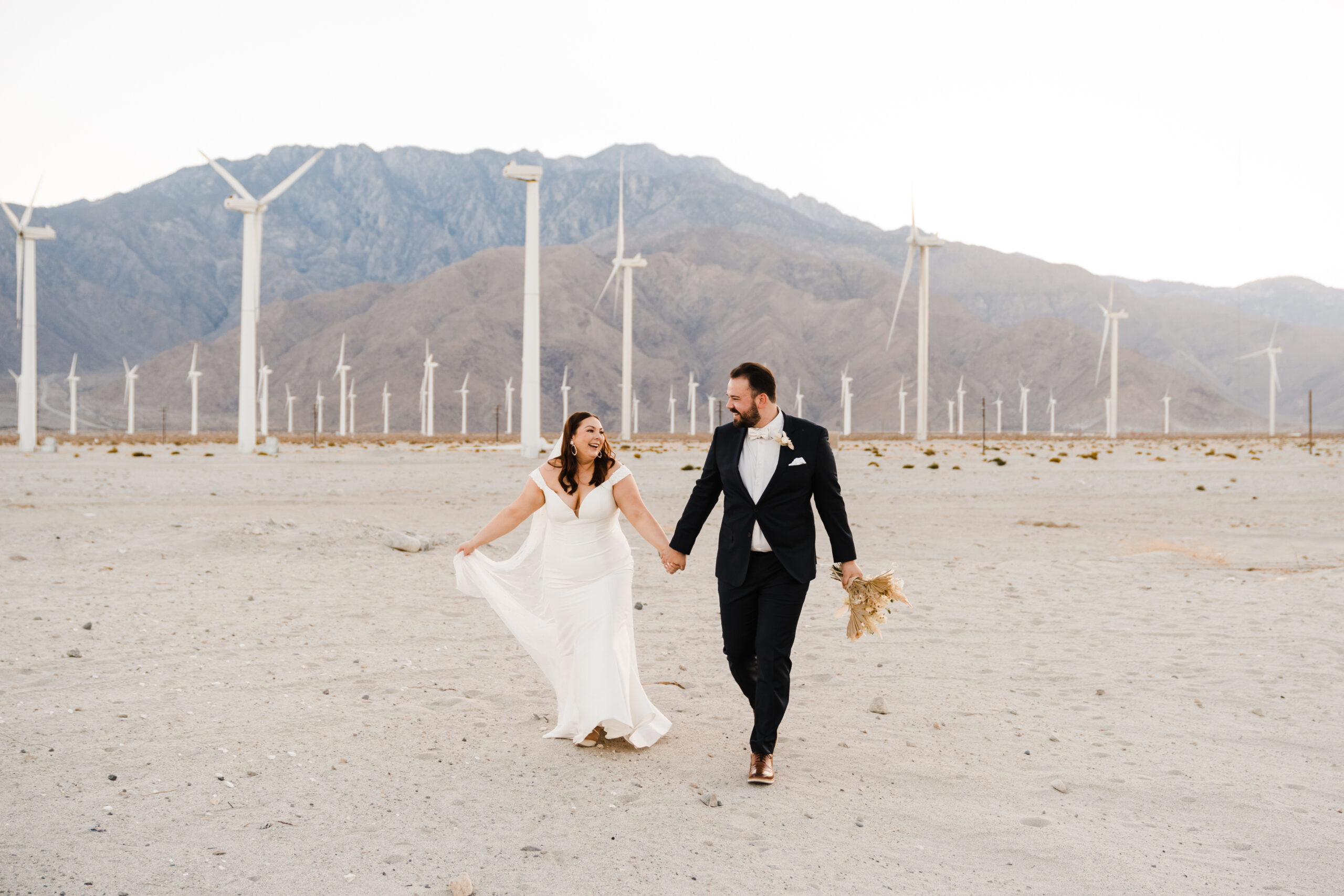 Palm Springs windmills wedding photo of bride and groom
