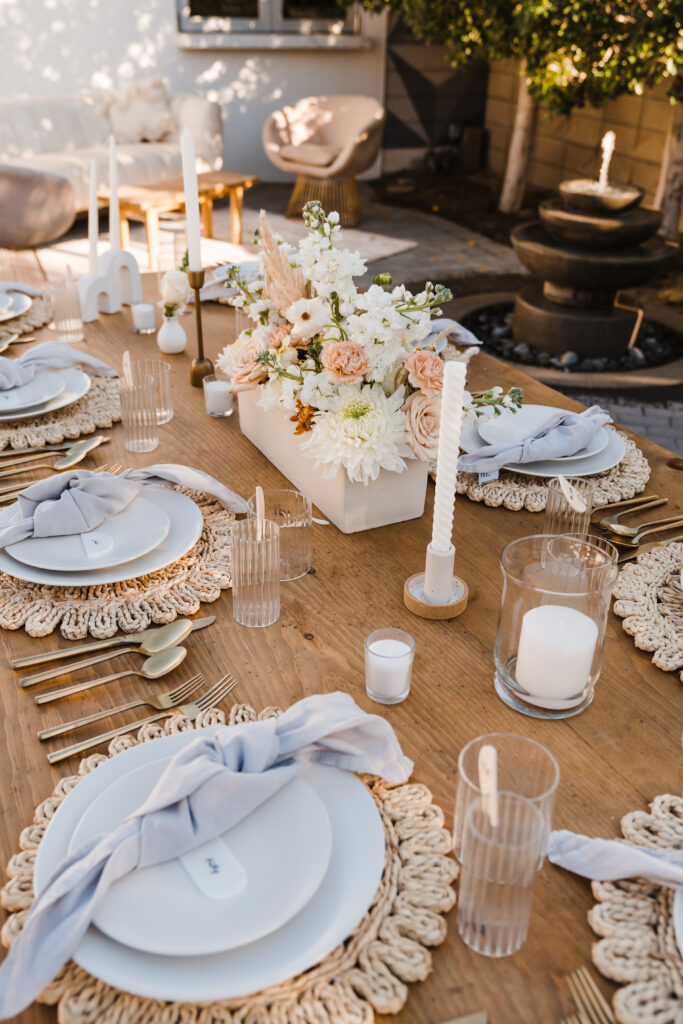 neutral and modern wedding tablescape with candles
